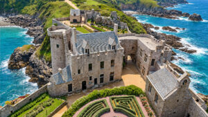 Veduta dall'alto di Fort La Latte, con i giardini e la costa rocciosa
